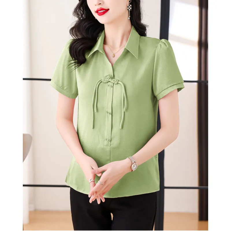 2024 Women's New Summer Korean Version Fashion Loose Versatile Casual Solid Color Turn-down Collar Short Sleeve Shirt Tops