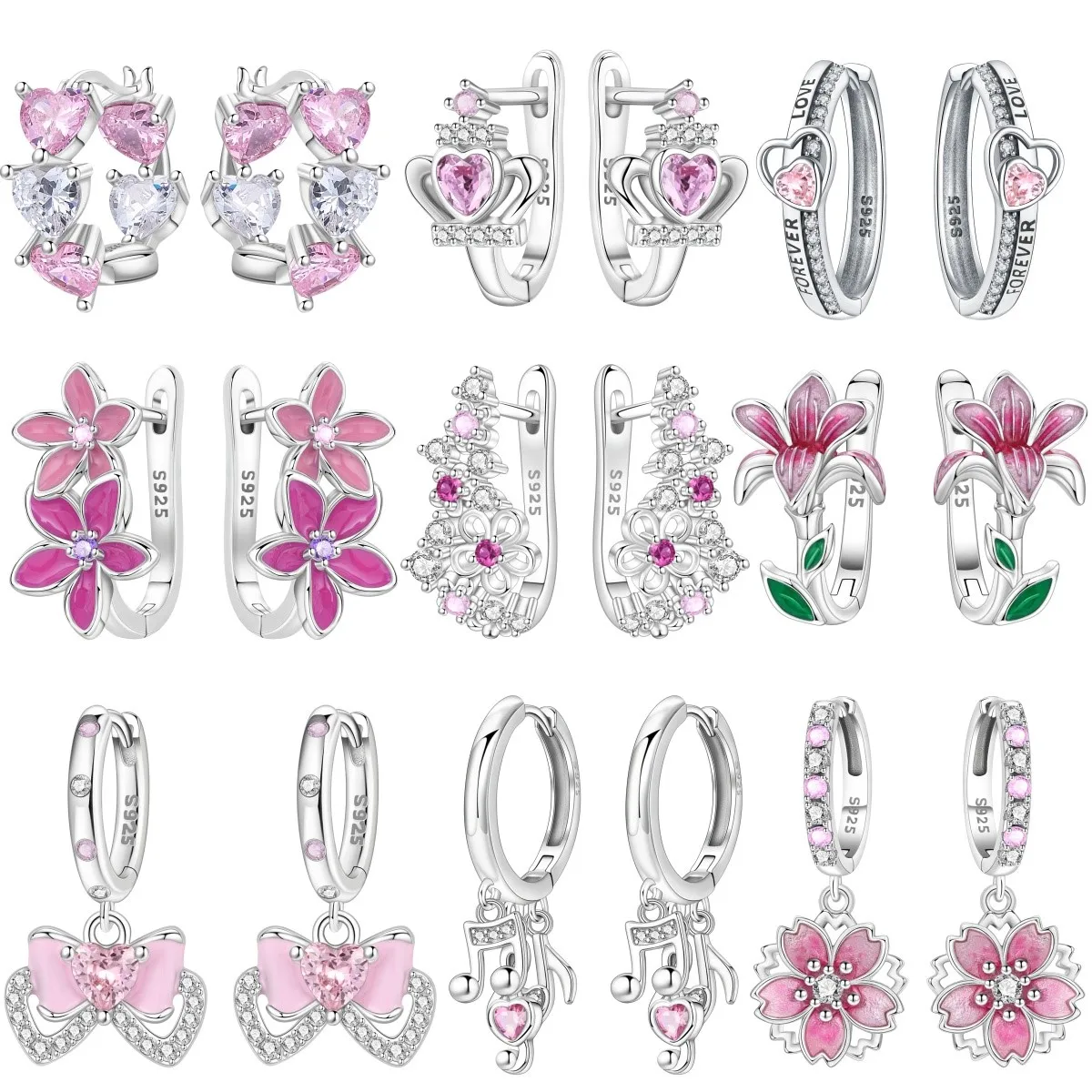 MISEFF S925 Sterling Silver Earring Elegant Pink Heart Bow Flower Earrings Original Jewelry Birthday Gifts For Women