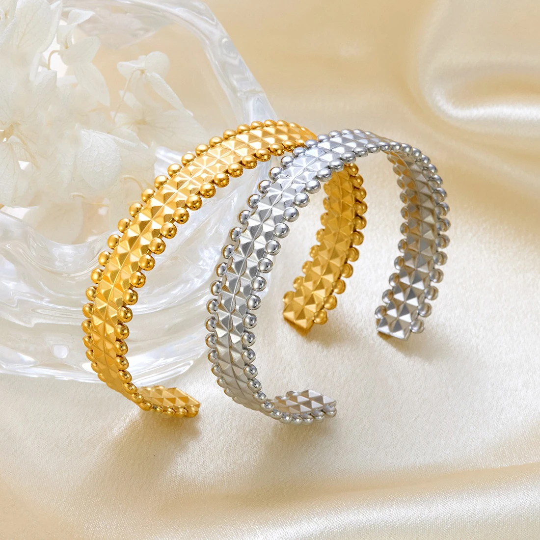 Stainless Steel Open Cuff Bangle Hiphop Gold Silver Plated Pyramid & Bead Design Cuff Bracelet for Women Men Punk Jewelry Gift