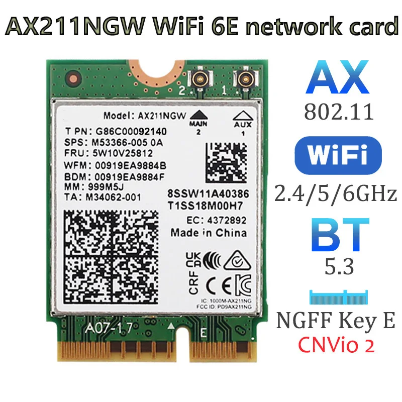 

WiFi 6E 5374Mbps Intel AX211 CNVio2 M.2 Wifi Wireless Card Bluetooth 5.3 802.11ax Dual Band WiFi6 Wireless Adapter for Win10 64