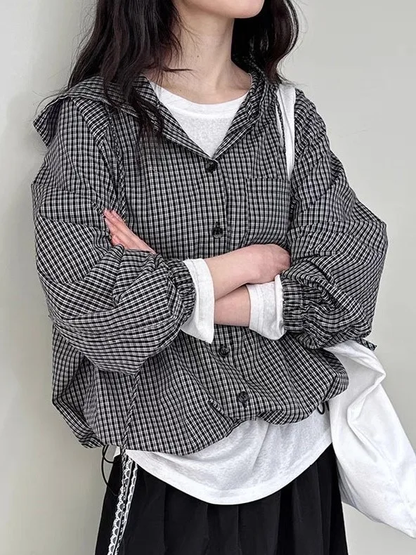 

Korean Retro Plaid irt Jaet Women's Loose Lazy Sle Casual Top New Arrival Autumn Season Faion ort Outerwear