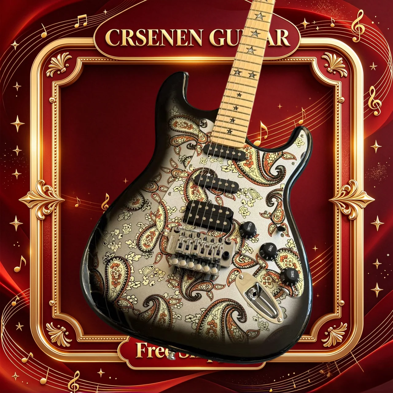Free Shipping ST Electric Guitar Paisley Print Body  SSH Pickups Double Tremolo Gift Beginner Birthday Rock Performance