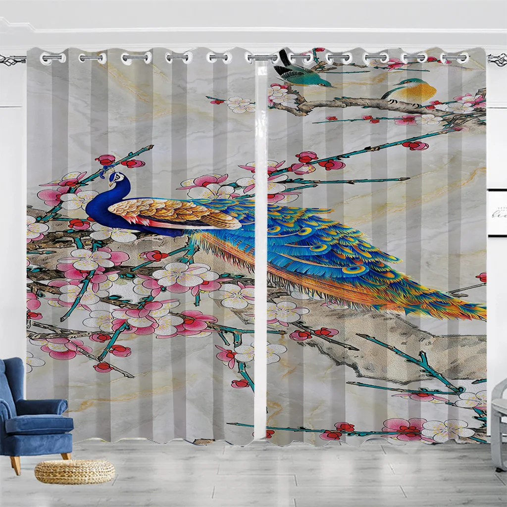 Auspicious peacock pattern digital printed curtain Master room decorated with 90 grams polyester fiber curtain fabric two panels