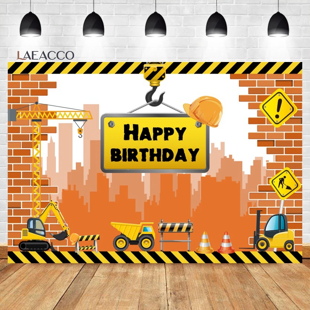 Laeacco Birthday Backgrounds Construction Zone Excavator Truck Crane Builder Boy Newborn Photography Backdrops For Photo Studio