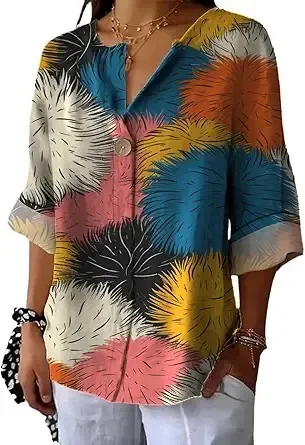 

Women's Summer Shirts Vintage Floral Long Sleeve Novelty Blouses Boho Button Up Cool Graphic Tops