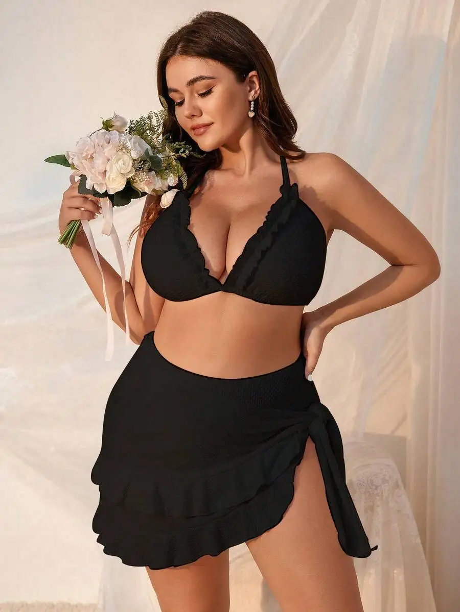 

Black Solid Frill Trim Halter Neck Bikini Set With Cover Up Skirt
