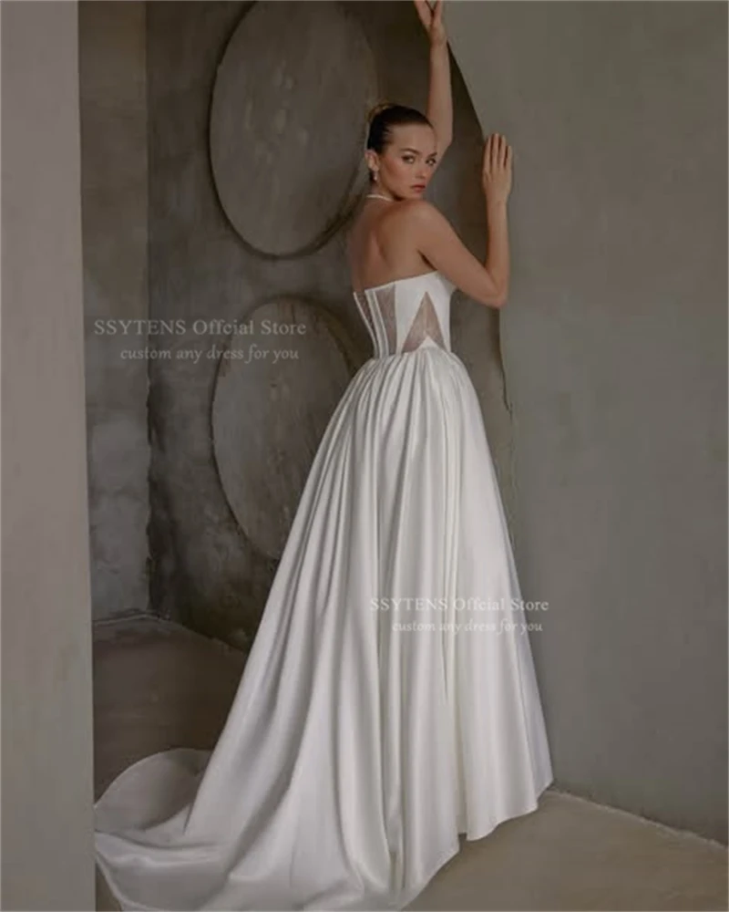 SSYTENS Vintage Italian Satin Wedding Dresses Long High Slit Lace Vestidos De Novia Boda Women Civil Bridal Gowns Customized