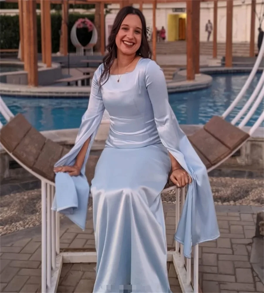 Glam Light Blue Evening Dress Arabic Dubai Mermaid Prom Dresses Elegant Long Sleeve Formal Occasion Birthday Party Customized