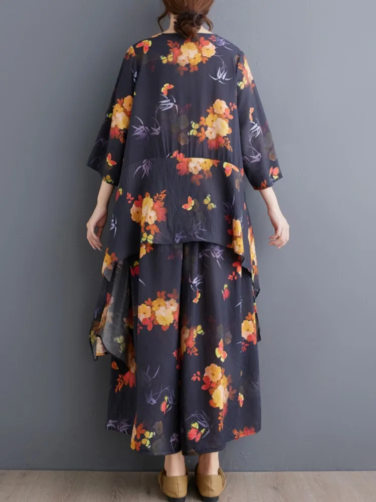 Übergroßes Sommerblumen-2-Zweiteiler-Set für Damen, T-Shirt, modisch, unregelmäßige Damenblusen, lockere Damenhose mit weitem Bein