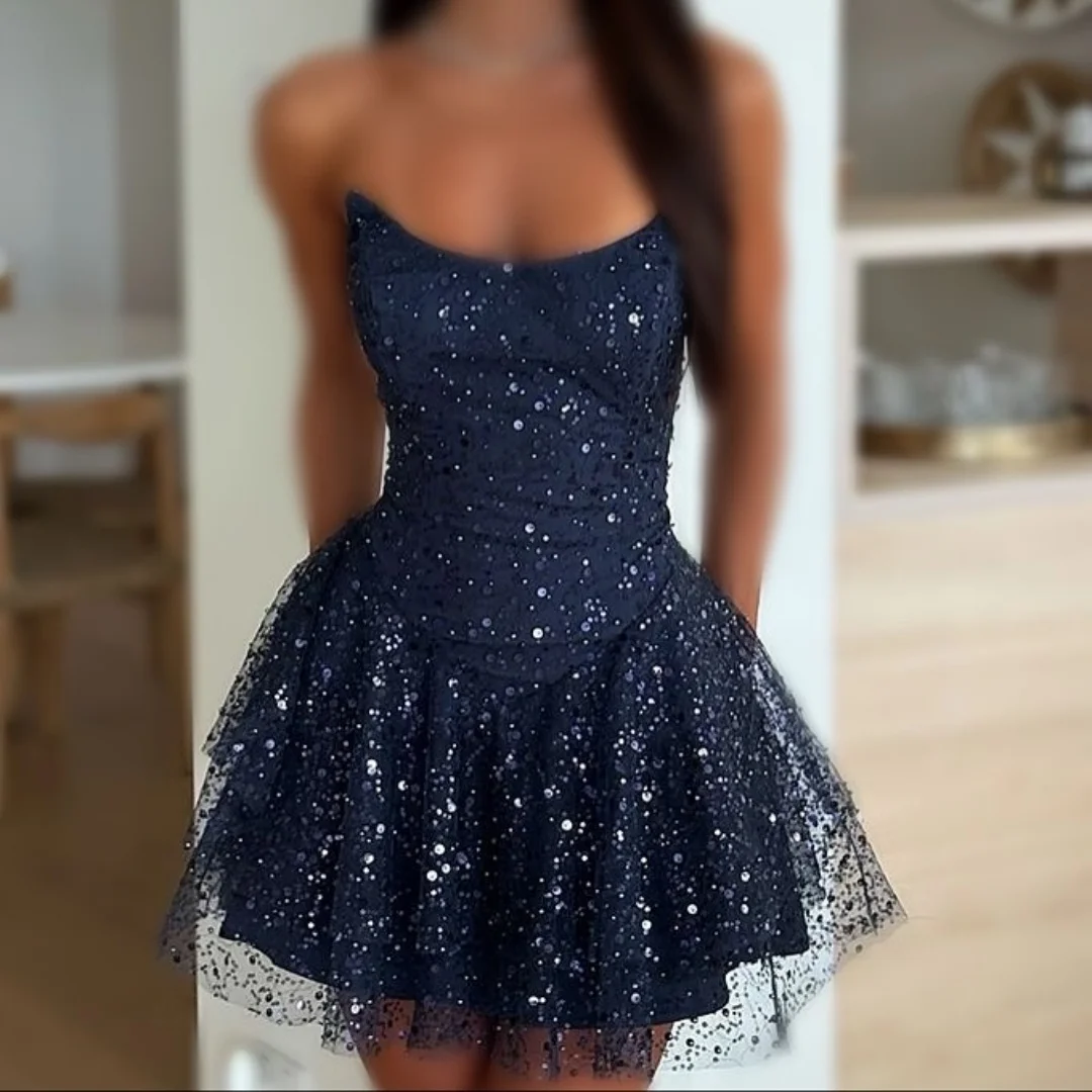 تصميم جديد مثير حمالة التألق الترتر تول المتدرج الساحرة أزياء كوكتيل صغير حفلة موسيقية اللباس الرسمي #3