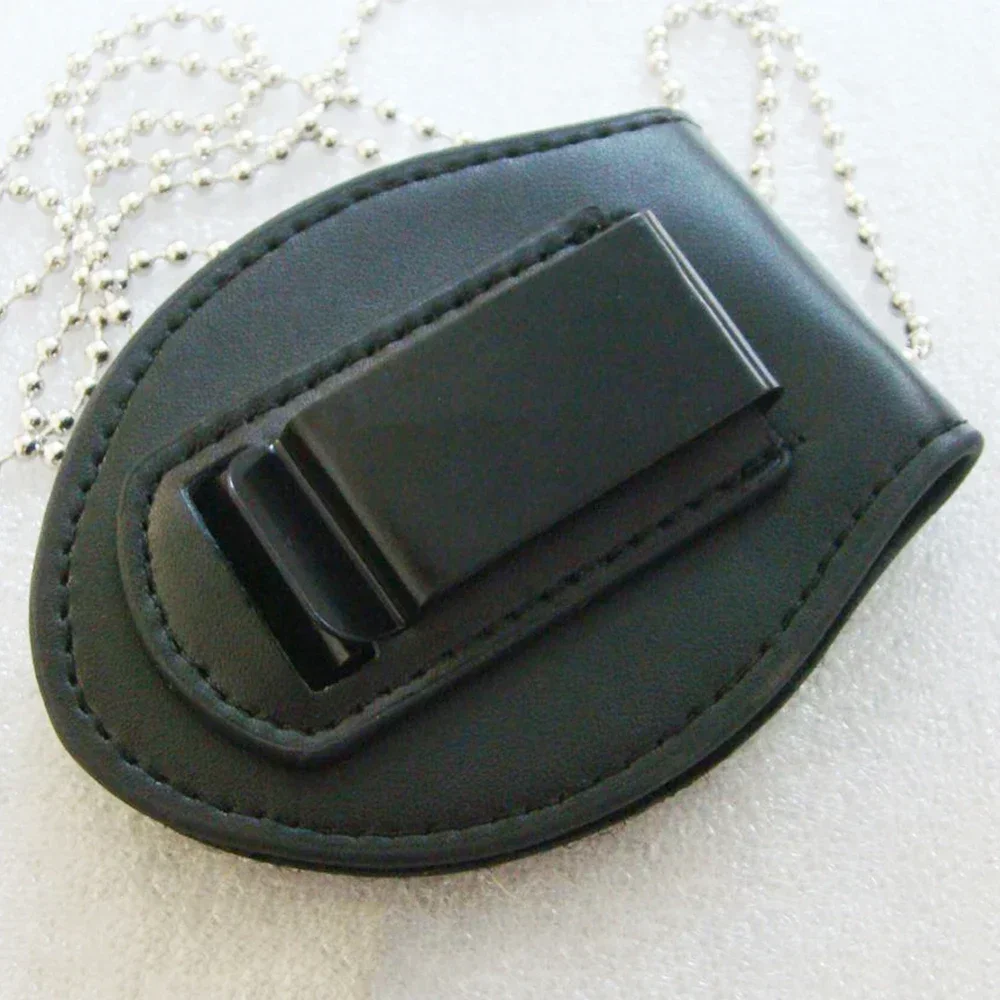 

US OFFICER STYLE OVAL POLICE BADGE CLIP/NECK HANGER COMBO W/CHAIN LEATHER BLACK