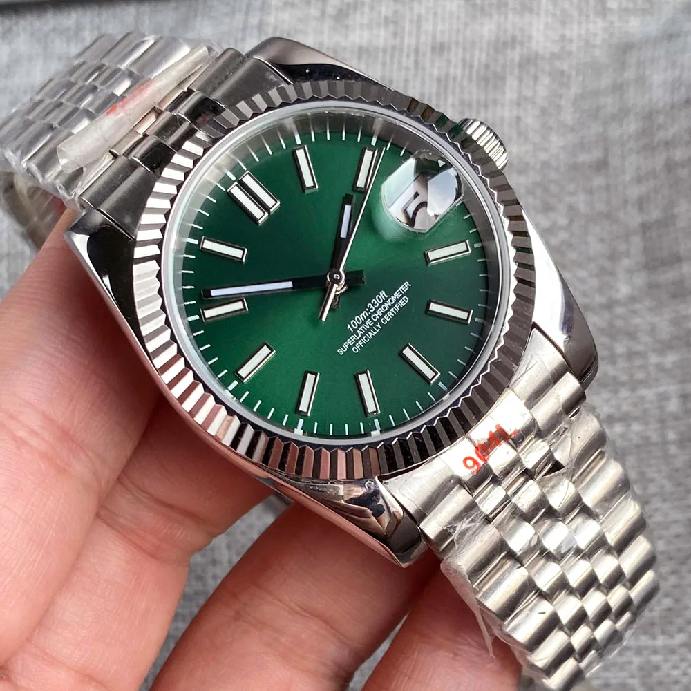 

36mm 39mm Fluted Curved Bezel Automatic Watch for Men S NH35 Movt Sunburst Green Silver Markers Sapphire Glass Jubilee bracelet