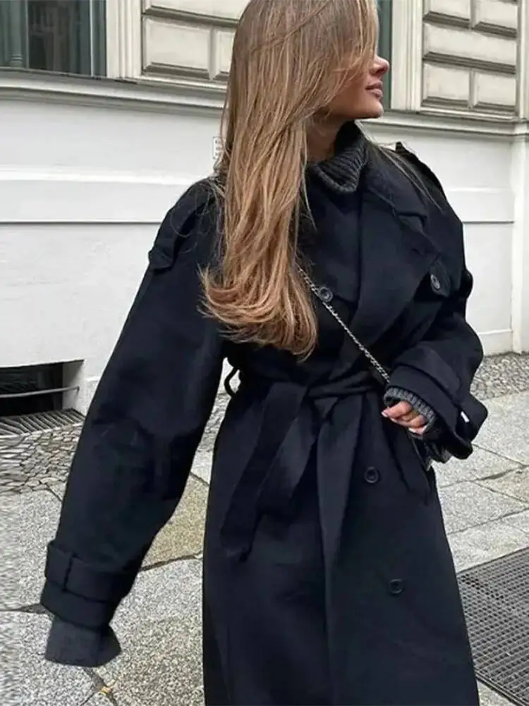 

New Solid Turn Down Collar Woolen Coats For Women Elegant Double Breasted Pockets Overcoats Autumn Street Lady Chic Long Jackets