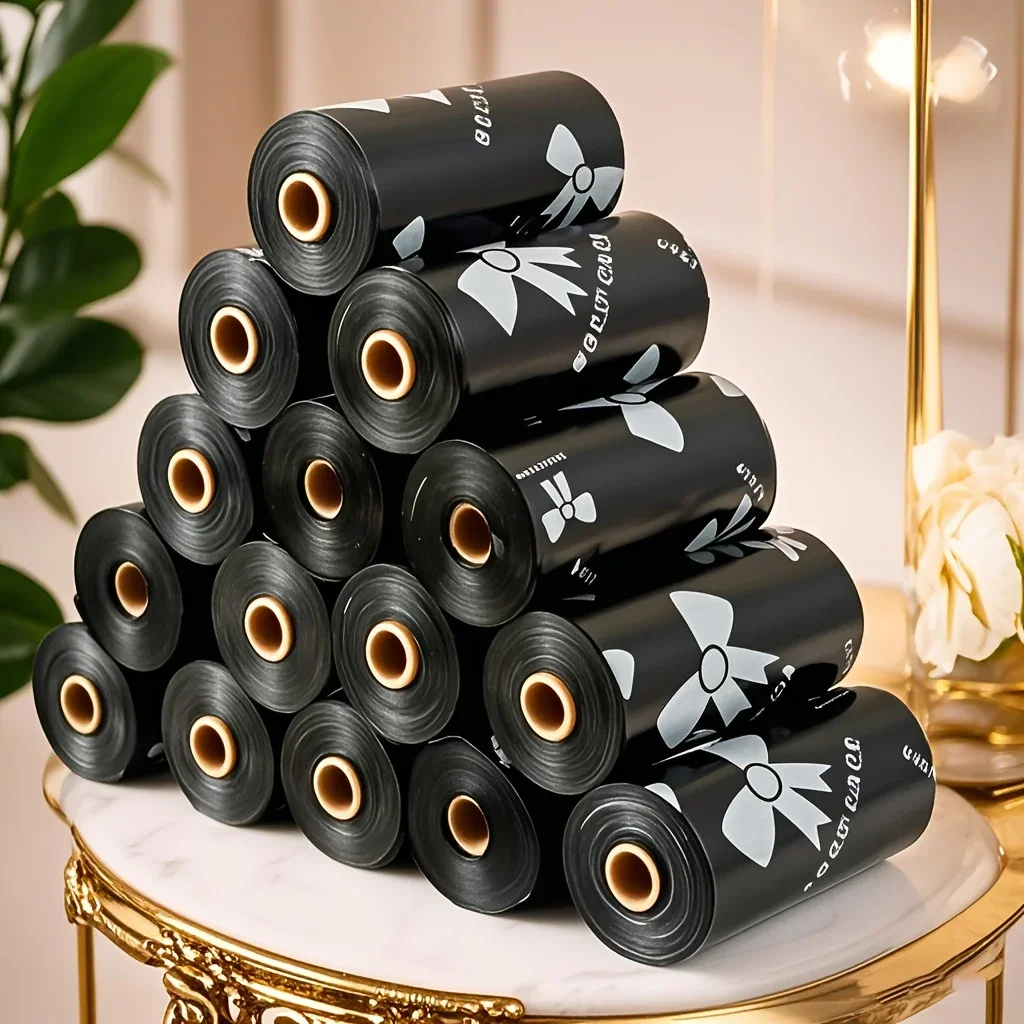 10/5 Rolls of Black Bow Print Pet Waste Bags - Thick & Durable Polyethylene, Ideal for Dog Poop, Cat Litter, Outdoor Walks