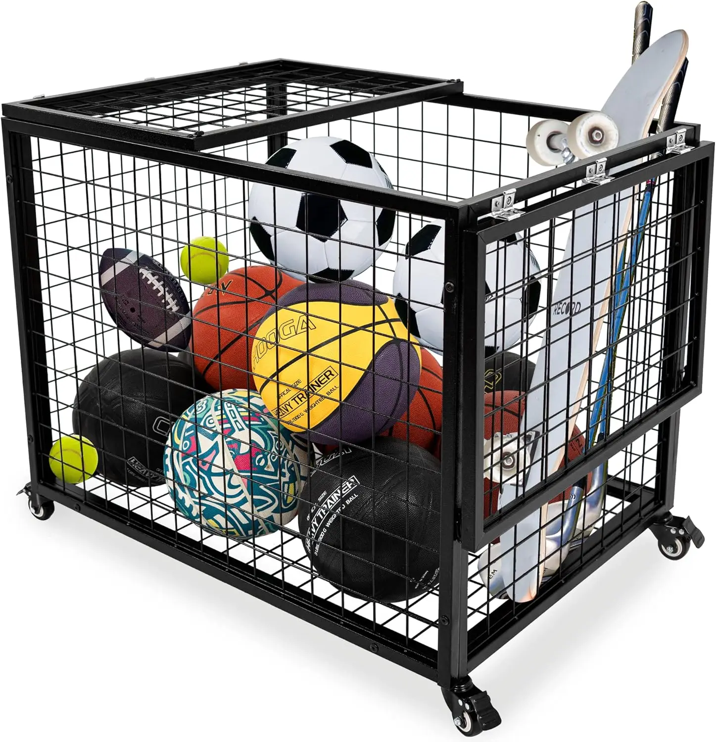 Cart Garage Sports Equipment Organizer with Lockable Lid, Basketball Storage Bin for Indoor Outdoor, Rolling Exercise Ball Cart