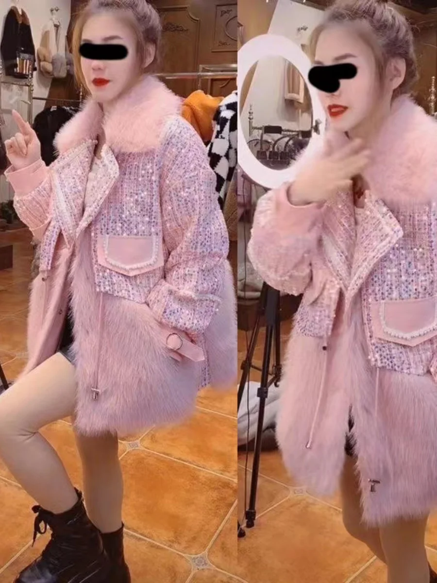 Collar Stitching Sequins Women 2023 Winter New Slimming Pink Thick Warm Woolen Coat Loose Casual Fur Jacket Casacos