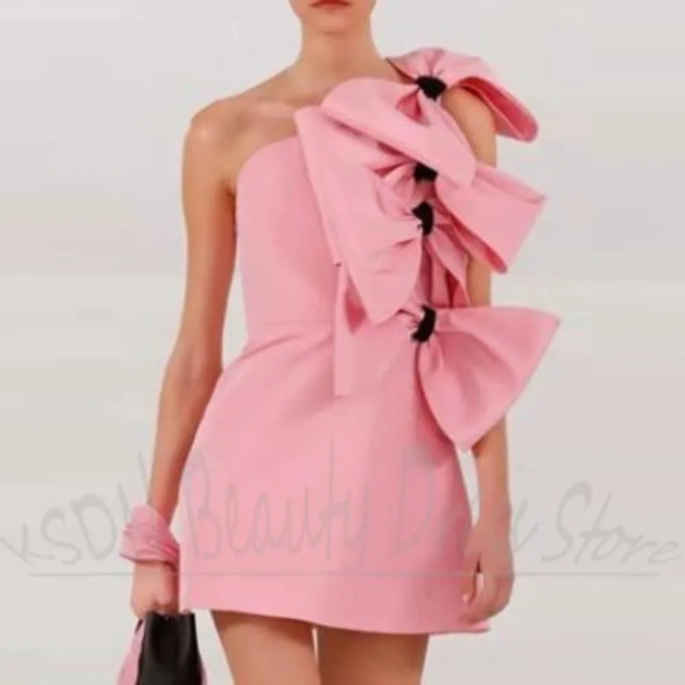 Archi Abiti da donna Moda Colletto diagonale rosa Mini abiti da festa Nozioni di base chic Semplici abiti da ballo corti senza maniche dolci