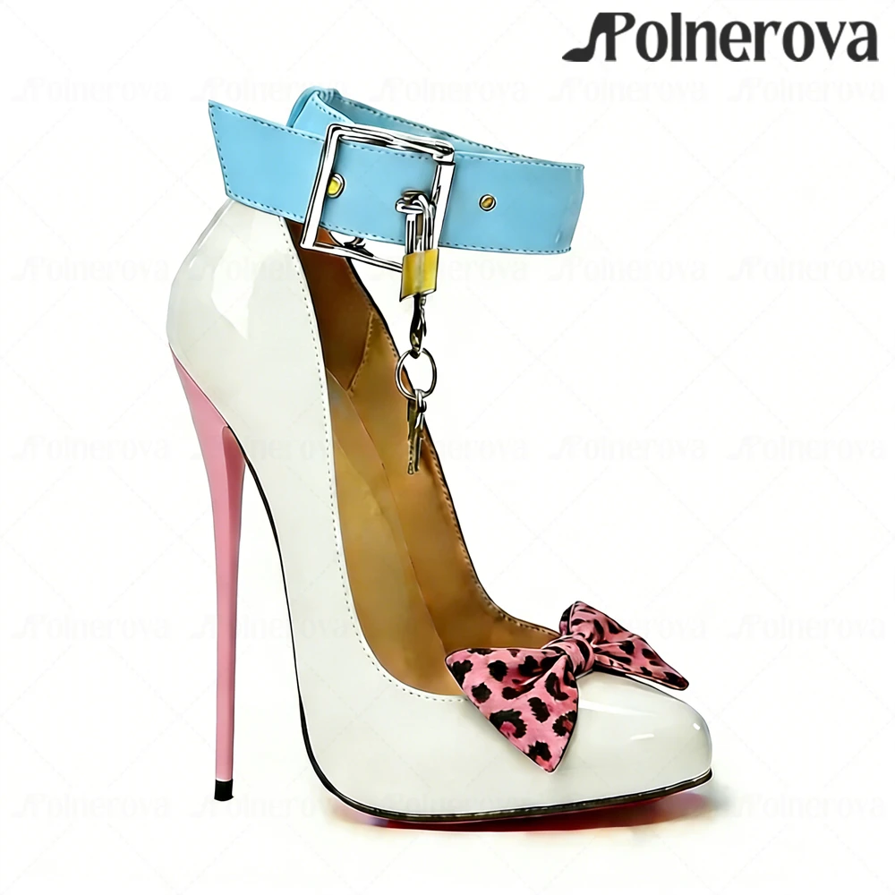 Pink Leopard Bow High Heels 16cm Lacquered Heel Pumps Belt Buckle High Heels Sexy Style Metallic Lock Stilettos for Women Custom