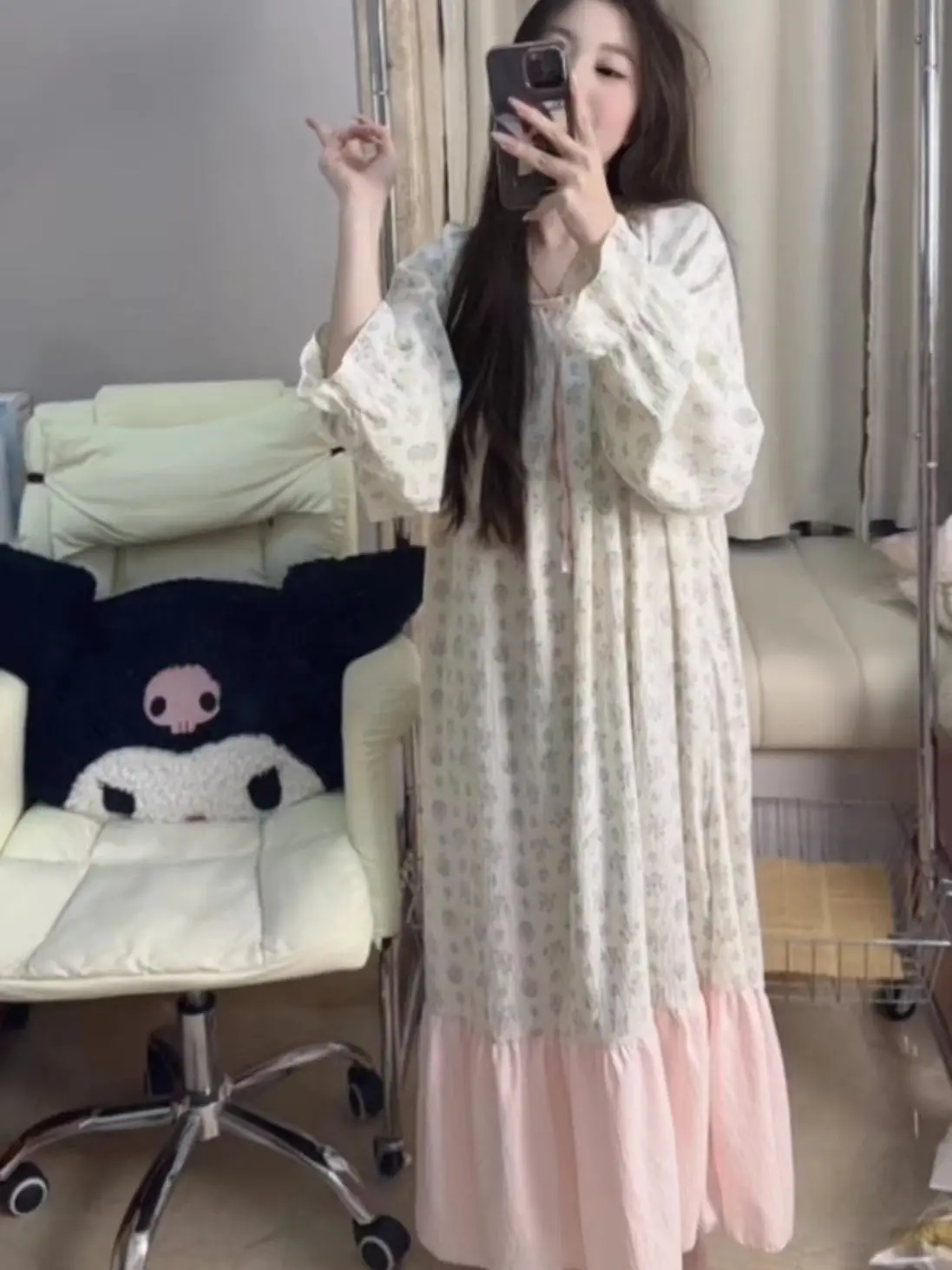 

Корейские милые пижамы с длинными рукавами и цветочным принтом для девочек, весенне-осенние новые ночные рубашки большого размера, домашняя одежда, платье, хлопковое женское