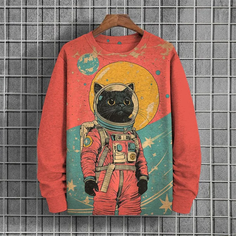 Japanese Pattern Sweatshirts For Men Space Cat 3D Printed Pullover Autumn Oversized O-Neck Hoodies Long Sleeves Clothing Tops