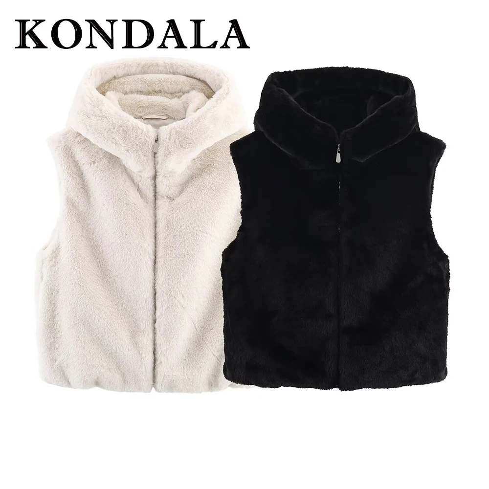 KONDALA Chic 2025 Autumn Women Fall PU Vintage Waistcoats Zipper Hooded Vest Pocket Sleeveless Vest Winter Loose Female Outwears