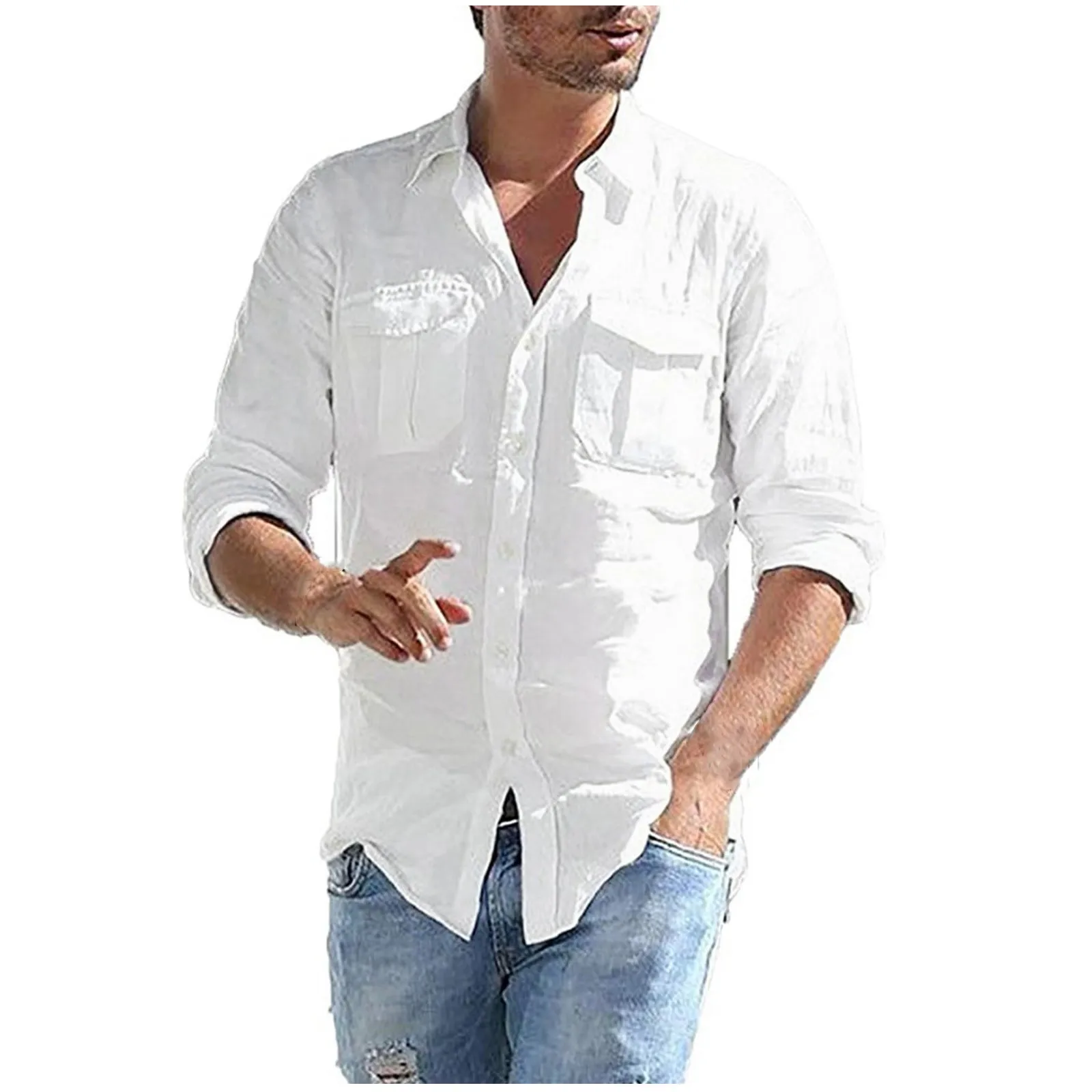 

Men'S Baggy Cotton Linen Shirts With Chest Pockets Solid Long Sleeve Retro Blouse Tops Spring Summer Daily All-Match Shirts