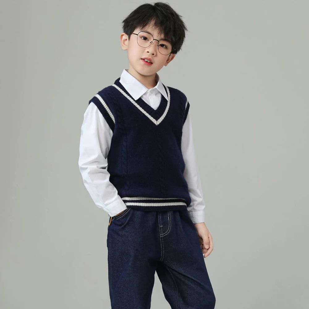 

Winter Children's 100% Wool Knitted Vest Academy style V-neck Wool Knitted Sweater Loose sleeveless tank top Warm Winter Clothes