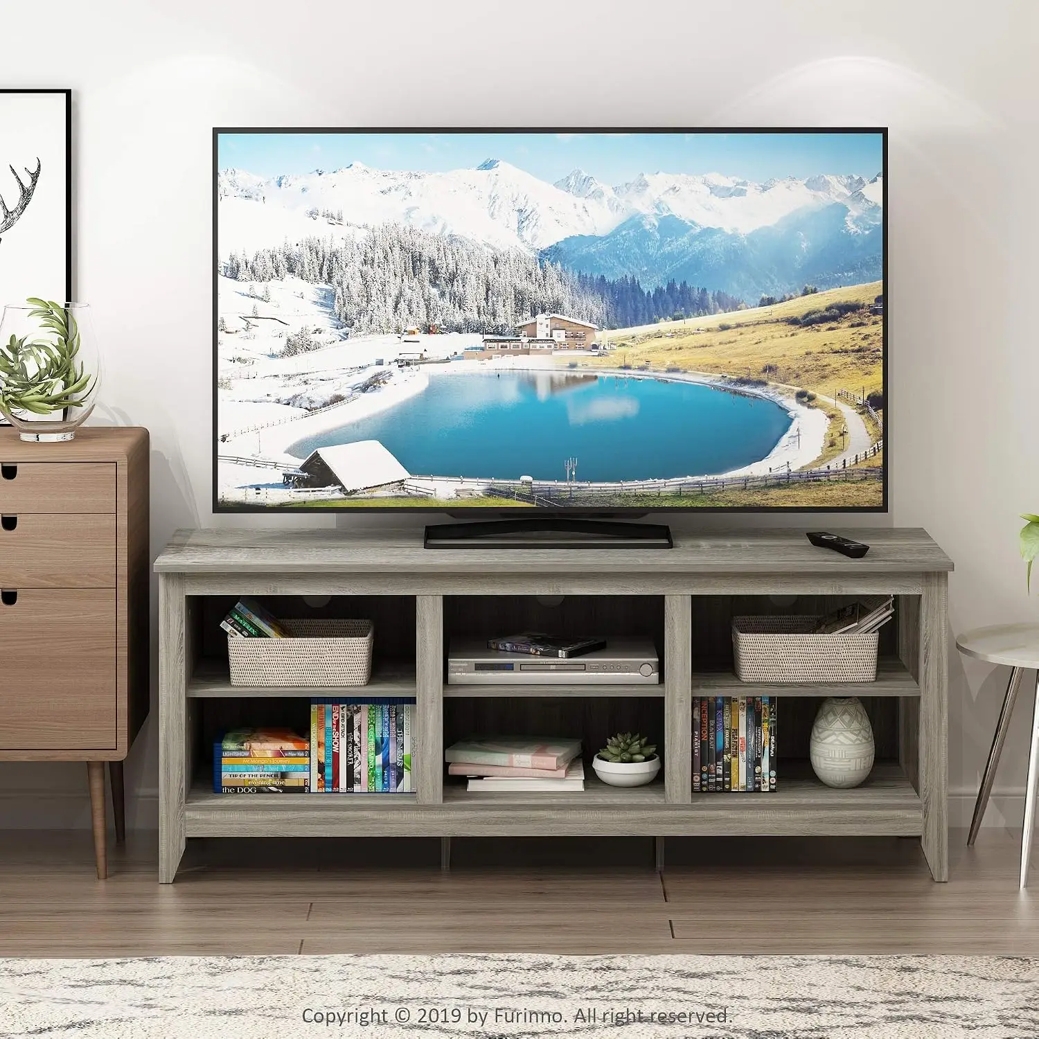 TV Entertainment Center with 6 Cube Shelves for Living Room & Bedroom, Fits 60 Inch TV, Grey Oak, Customized