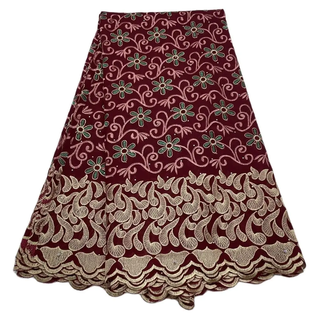 

High Quality Swiss Voile Lace Fabric Cotton Embroidered Wine Lace Fabrics For Women Dresses 5 Yards