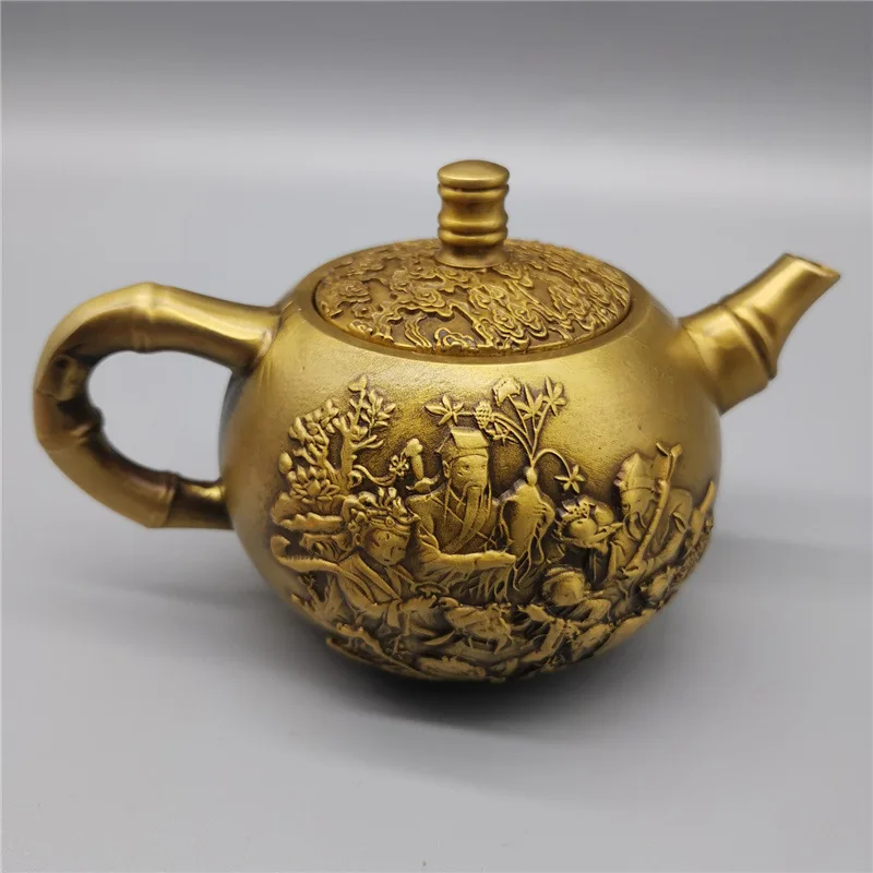 

Antique-Style Brass Teapot Copper Eight Immortals Longevity Tea Pot Ornament Rich in Ancient Charm New Arrival One Piece Dropshi