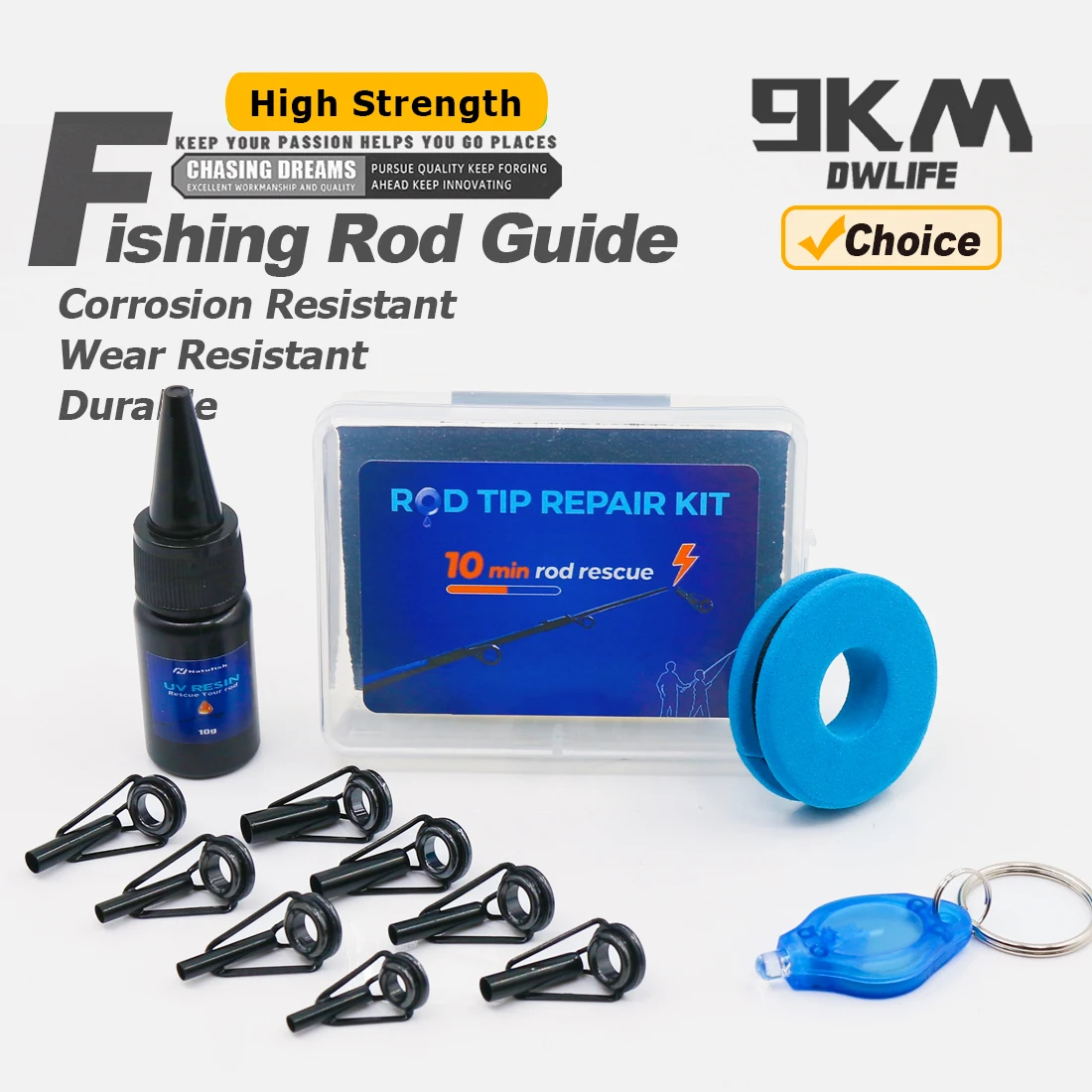 9KM 10pcs Fishing Rod Tips Repair Kit, Top Guides Replacement Kit Ceramic Ring with AB Glue Wrapping Thread Tape