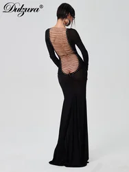 Dulzura 2023 Summer Solid See Through Maxi Backless Back Straps Dress Long Sleeve Edible Tree Fungus Party Birthday Y2K