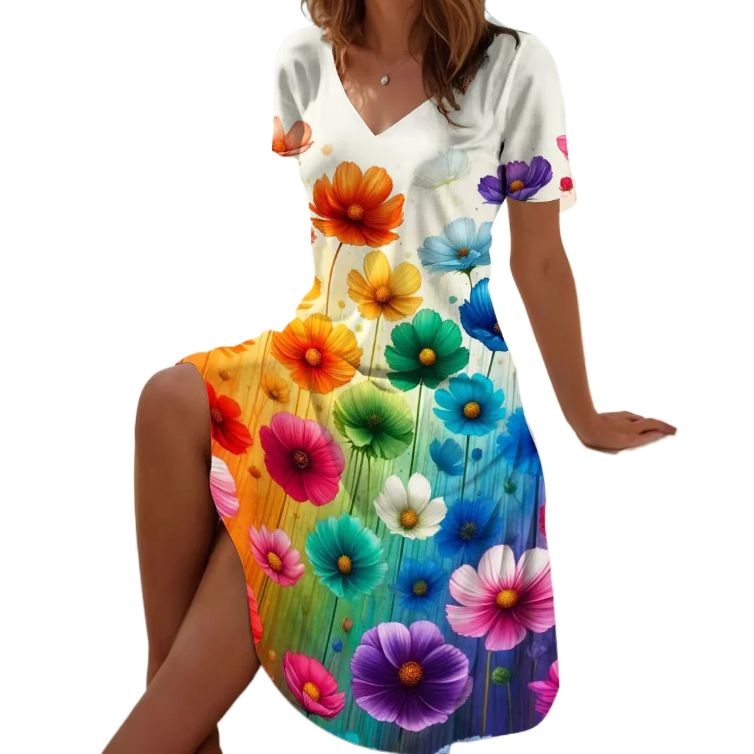 

3D Fashion Floral Print Casual V-Neck Women's Dress Short Sleeve Knee-Length Spring Summer Independent Artistic Style Long Dress