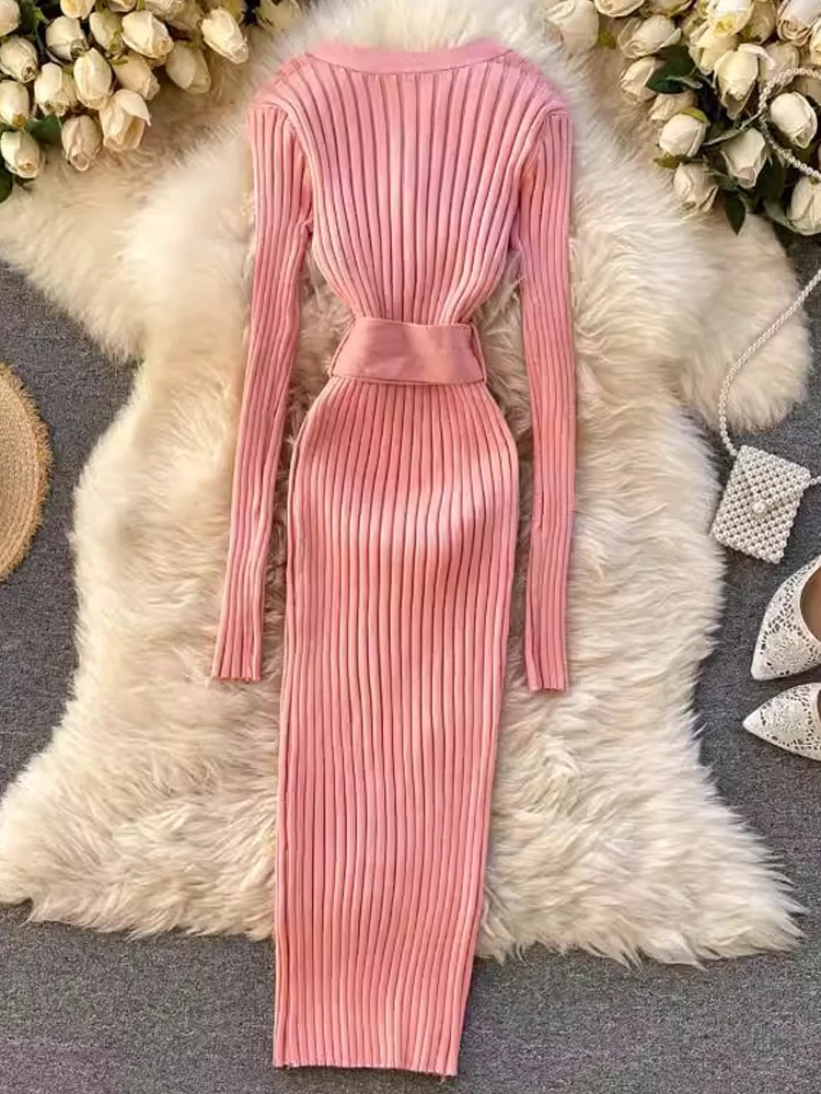 YuooMuoo 2024 Autumn Winter V-neck Knitted Sweater Dress with Belt Chic Fashion Slim Elastic Ribbed Bodycon Dress Lady Vestidos