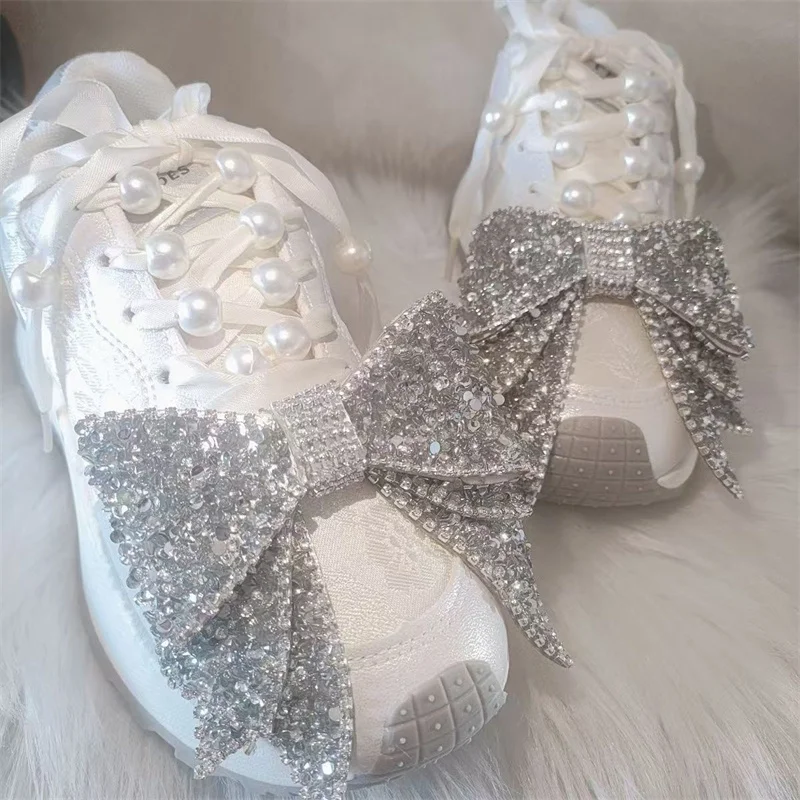 Thick bottom luxury crystal Pearl accessories Wedding women's shoes handmade custom white low-top casual sports shoes 35-40