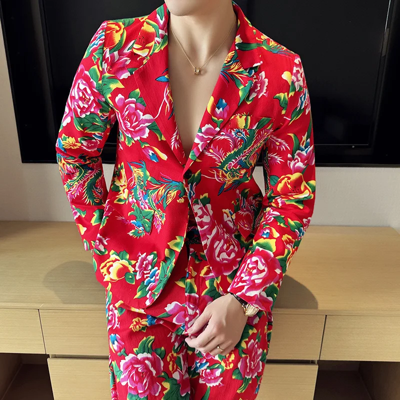 2024 Spring and Autumn New Men's Flower Suit Men's Fashion and Leisure Northeast Big Flower Suit Top Coat