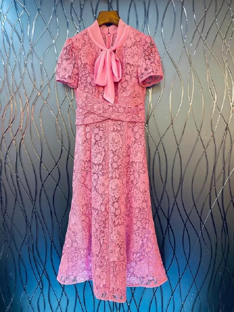 

Top Quality New Lace Dress 2023 Summer Party Events Women Bow Collar Allover Crochet Lace Embroidery Short Sleeve Pink Dress XL