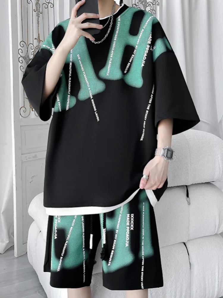 

Летний спортивный комплект с принтом букв, футболка с коротким рукавом, мужская американская баскетбольная форма, повседневная, свободного кроя, дышащая, тонкая модель