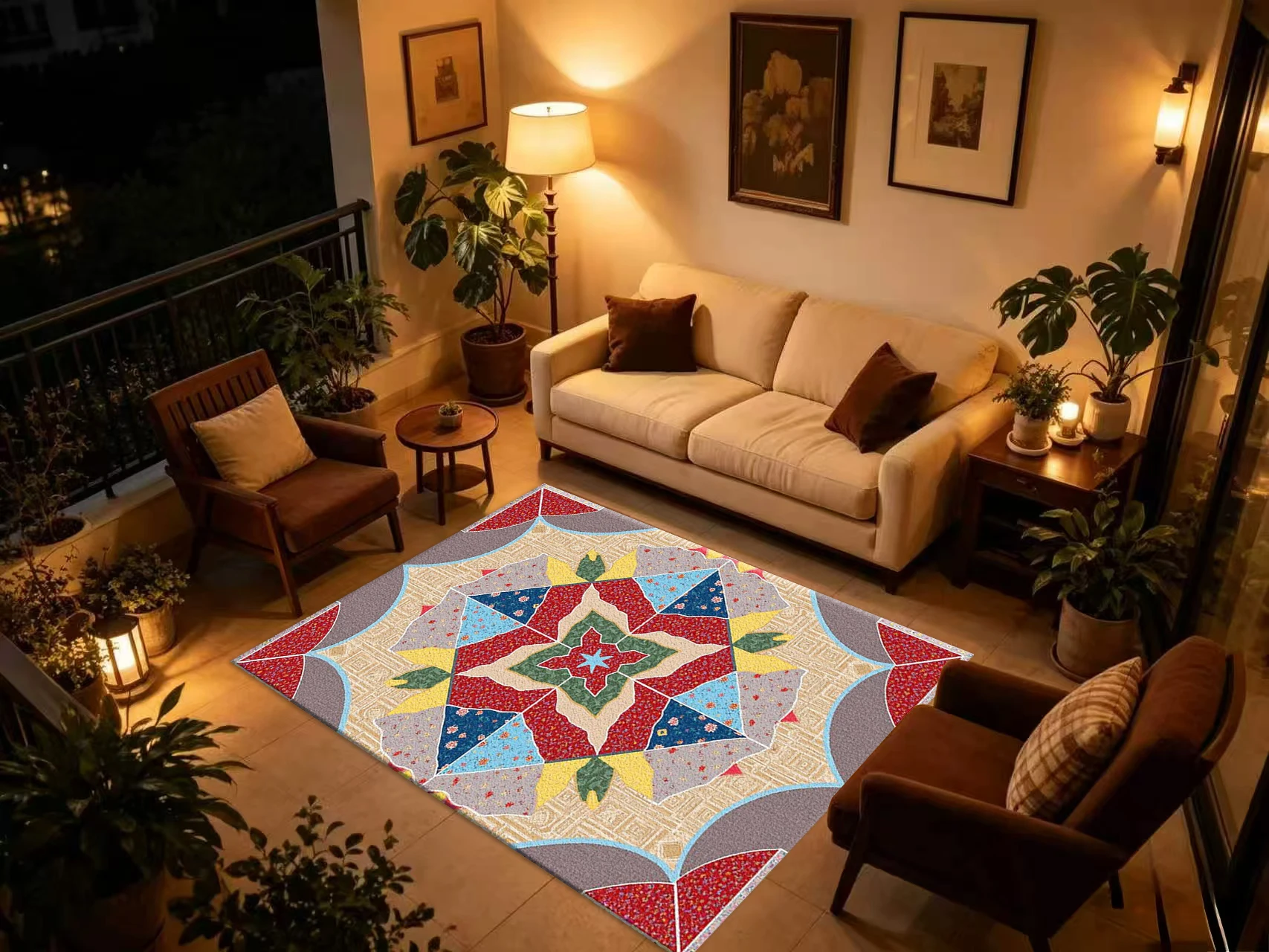 Colorful Patchwork Star Medallion Carpet Flooring Bohemian Folk Style Printed Square Floor Rug for Living Space Decor