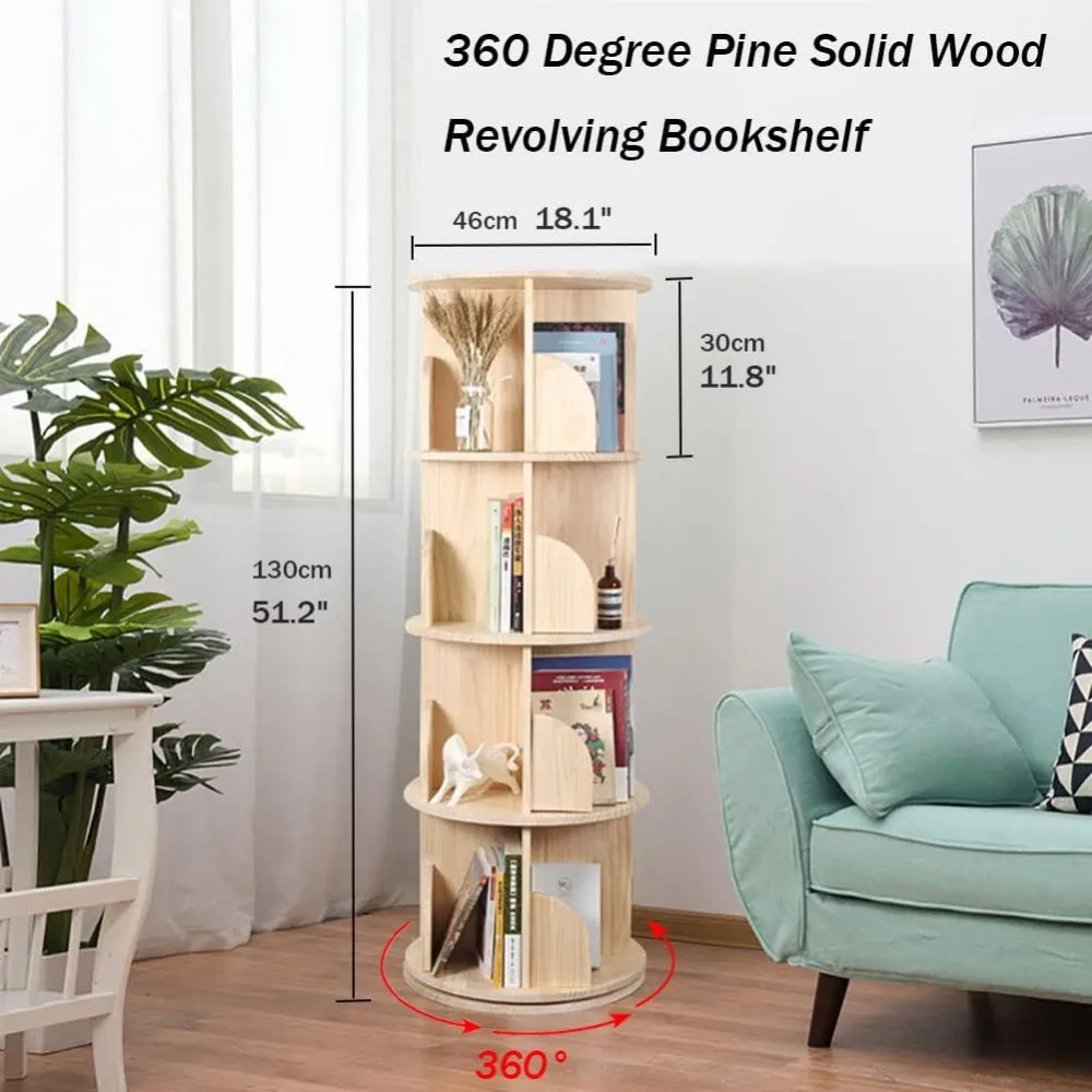 Rotating Bookshelf 360 Degrees, 4 Tier Stackable Solid Wood Bookshelf Organizer, Storage Display Rack Floor