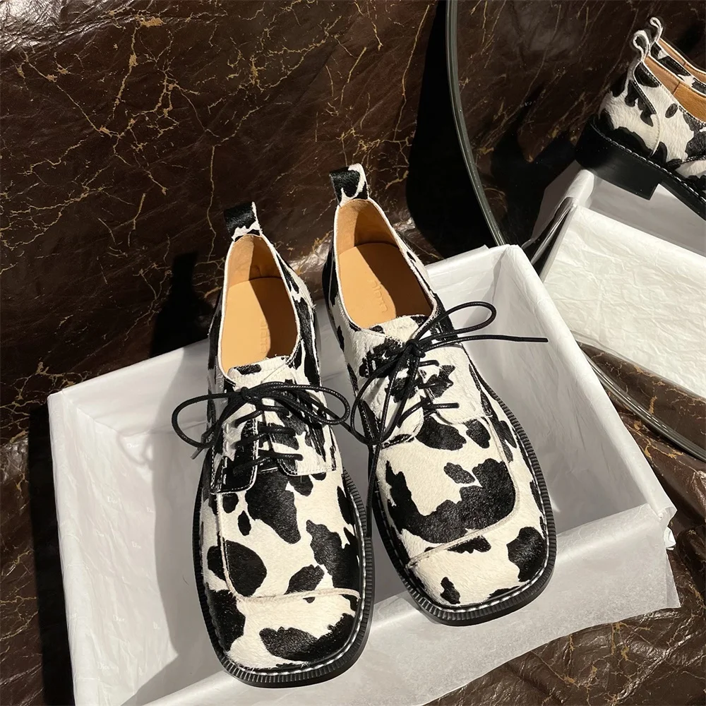 Taoffen New Casual Loafers For Women Genuine Leather Cow Color Round Toe Shoes Square Heel Commuting Thick Sole Lace-up Shoes