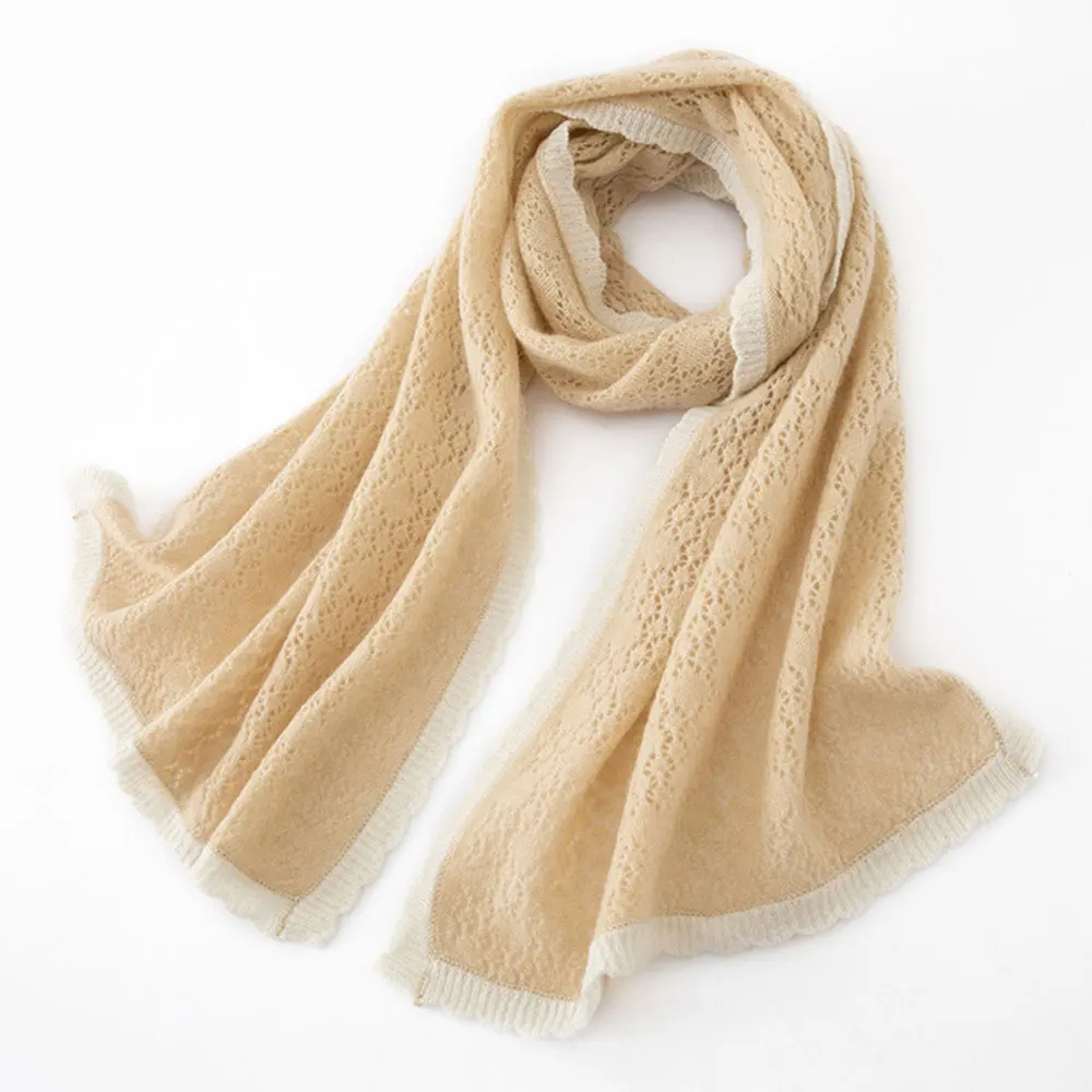 

Soft Cashmere Scarf Long Hollow Shawl Knitted Casual Neck Warmer Splicing Colors Wave Edge Decor Elegant Wrap Warm Muffler