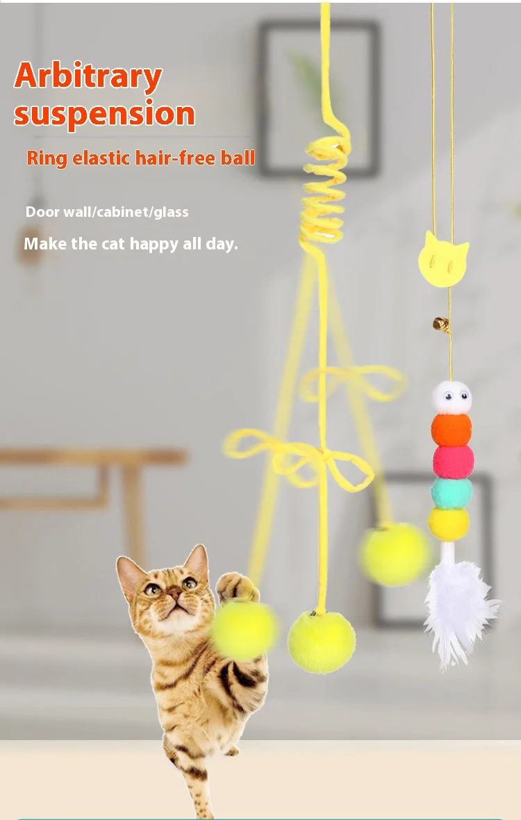 

2024 New Spring Rabbit Fur Big Ball Cat Tease Stick With Bell Retractable Bungee Cord Cat Boredom Hanging Cat Toy