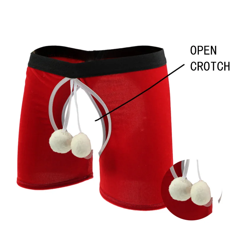 Man Sexy Crotchless Panties Not Zipper Gay Open Crotch Underwear with Christmas Penis Ball Erotic Cotton Boxers Lingerie
