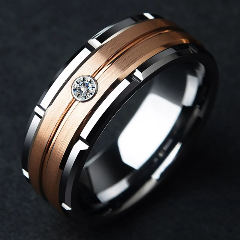 Fashion 8MM Men's Double Groove Beveled Steel Ring Rose Gold Color Brushed Inlay AAA Zircon Ring Men's Wedding Band Jewelry Gift