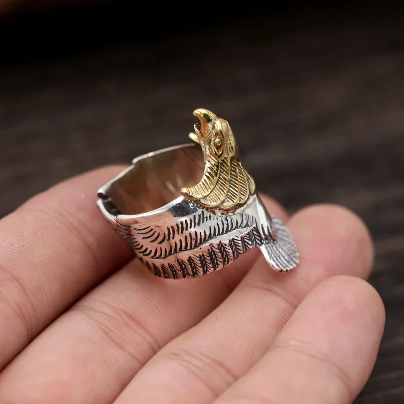 

Japanese style fashion S925 pure silver jewelry handmade eagle inlaid copper personalized men's ring index finger
