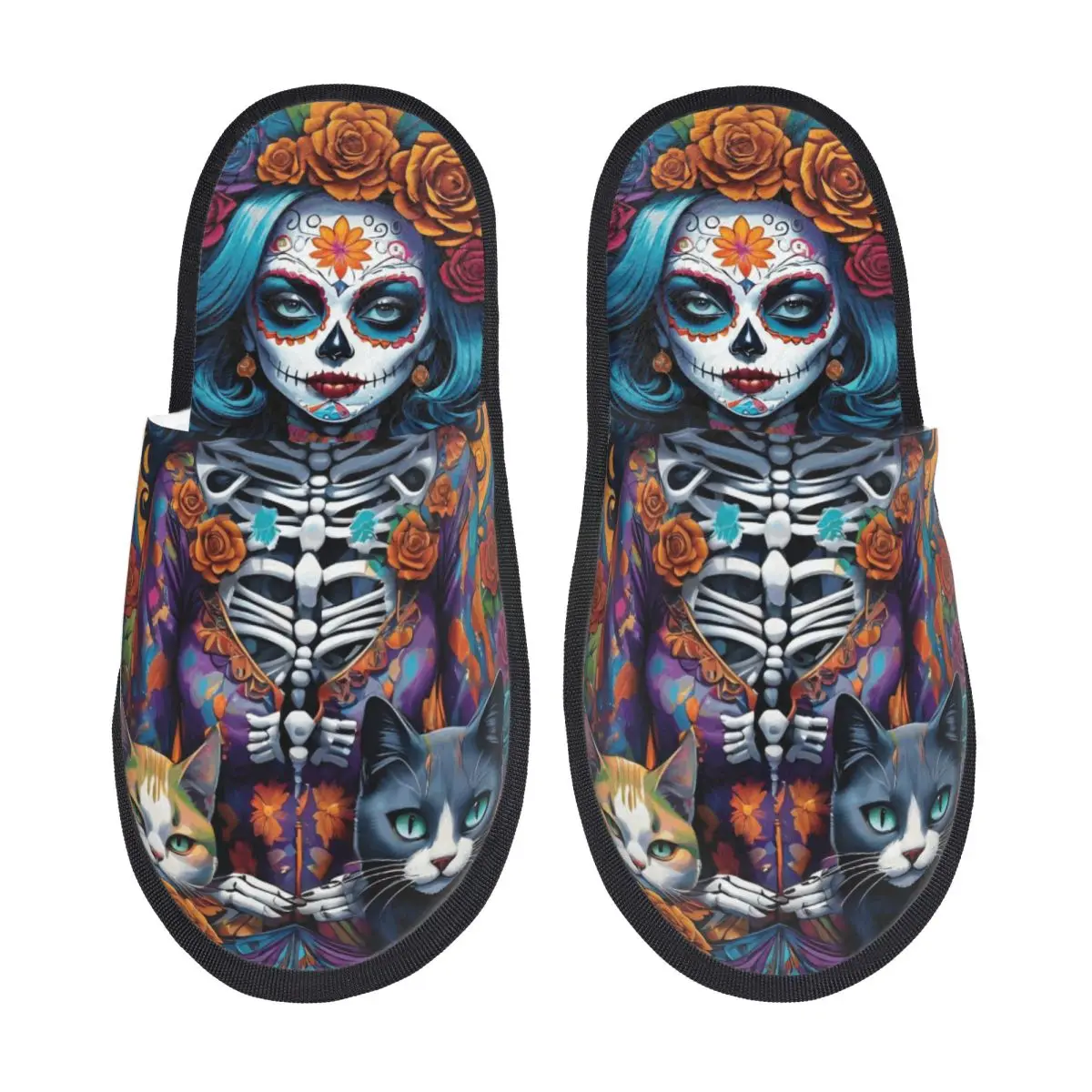 

Custom Mexican Sugar Skull Cats House Slippers Women Soft Memory Foam Day Of The Dead Slip On Bedroom Slipper Shoes