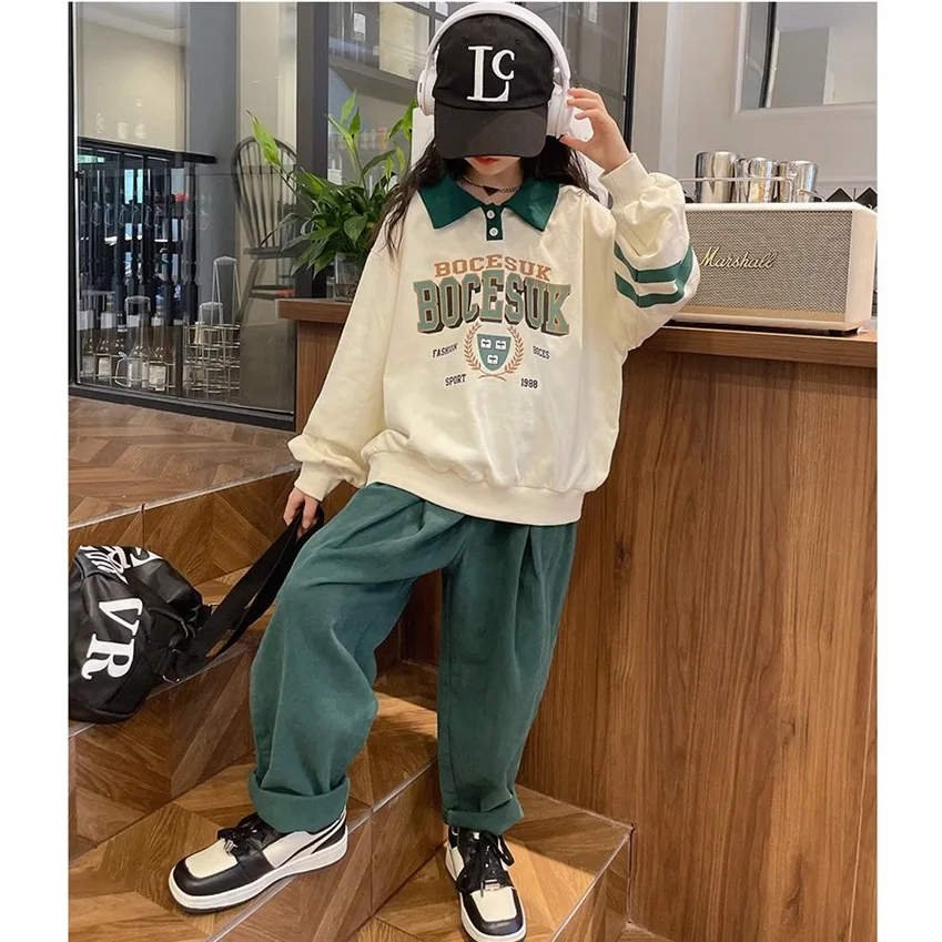 

Korean Spring Autumn Junior Girl Sport Sets Teenager Girl Letter Printed Sport Shirt+Sports Pants Trousers Set For Girl 4-12Y