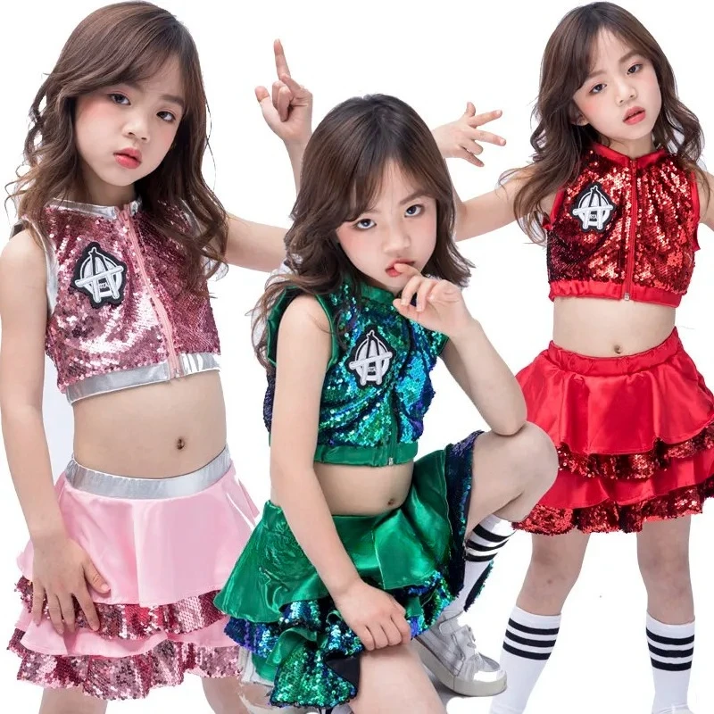 

Girls Kids Sequins Jazz Dance Costume Modern Dance Cheerleading Outfit Kindergarten Stage Performance Wear Dance Skirt Set