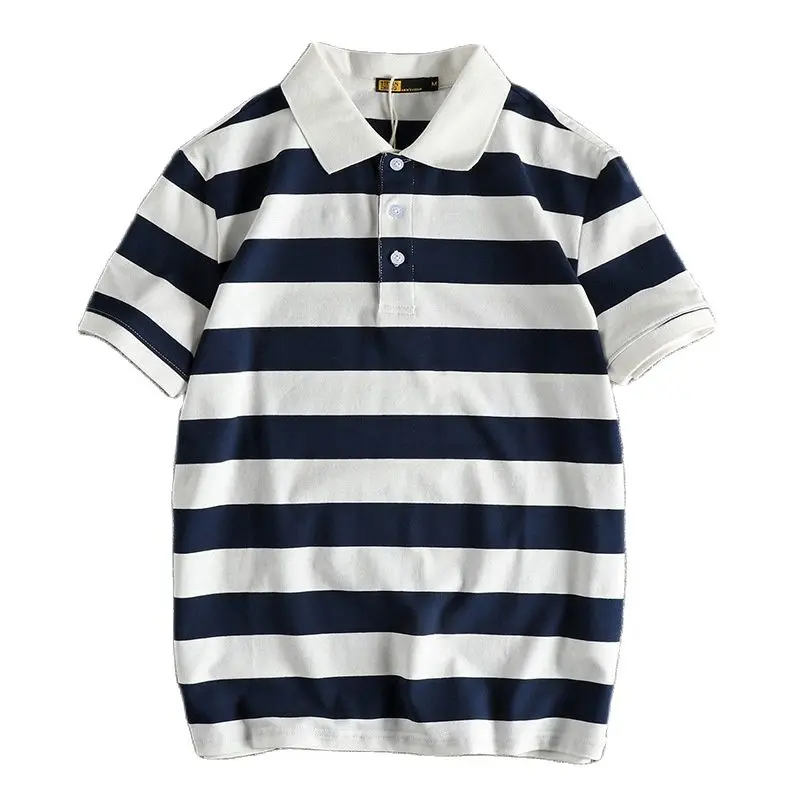 Summer Striped Polo T-Shirt Men'S New Retro Trend Washed Elastic Cotton Comfortable Lapel Striped Sea Soul Half-Sleeved Shirt